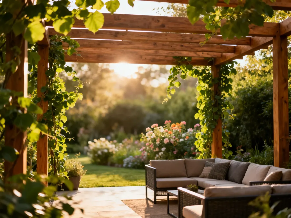 Nowoczesna drewniana pergola w słonecznym ogrodzie z przytulną strefą wypoczynkową i pnącymi roślinami.