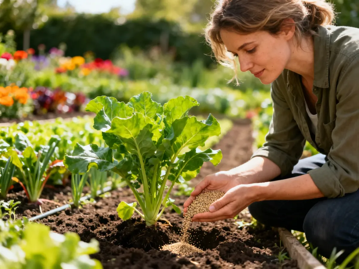 Kobieta aplikująca nawóz organiczny pod roślinę w słonecznym ogrodzie. Praktyczna ilustracja nawożenia roślin w przydomowej uprawie.