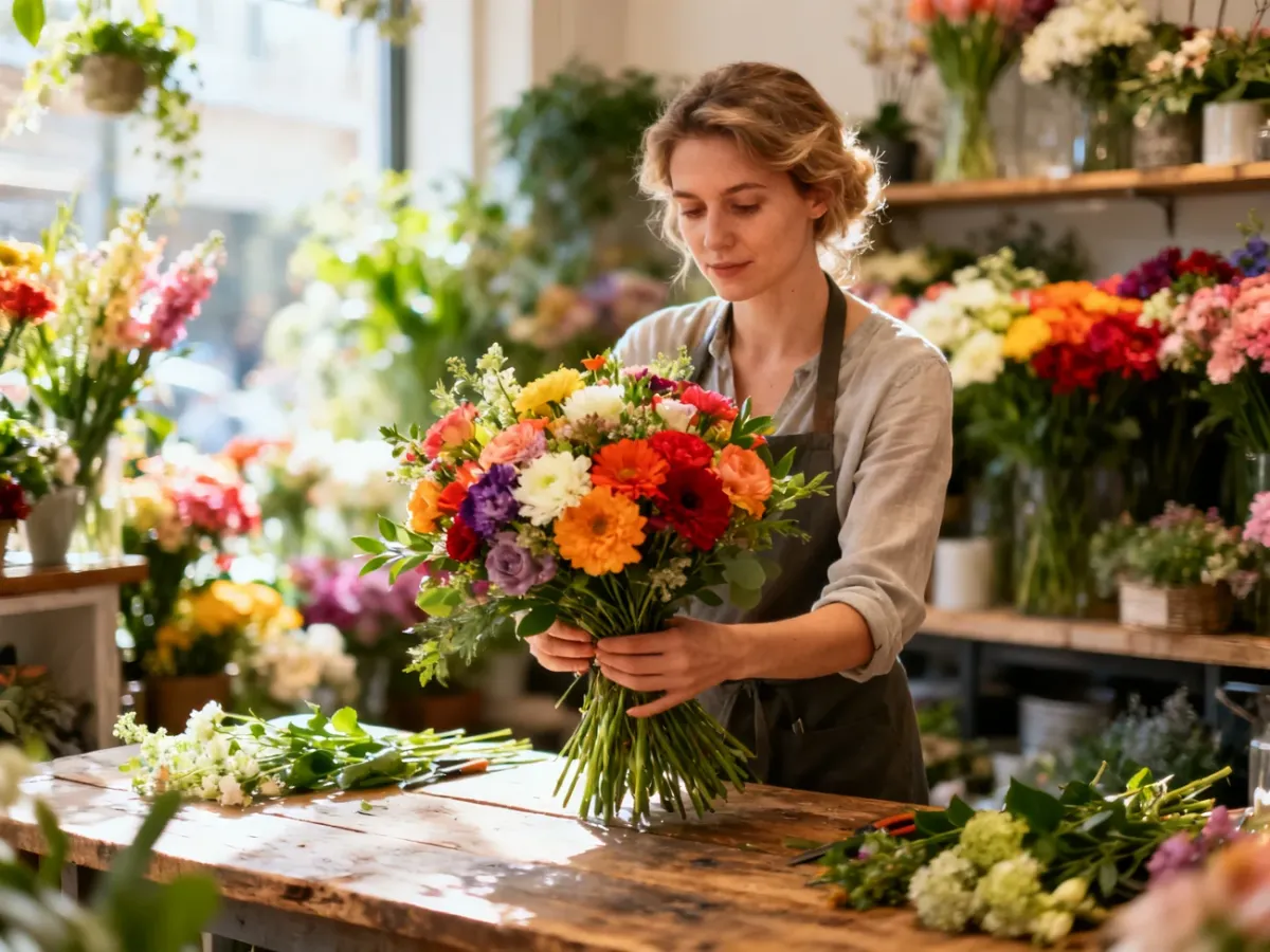 Florystka układa kolorowy bukiet świeżych kwiatów na drewnianym stole w przytulnej kwiaciarni.