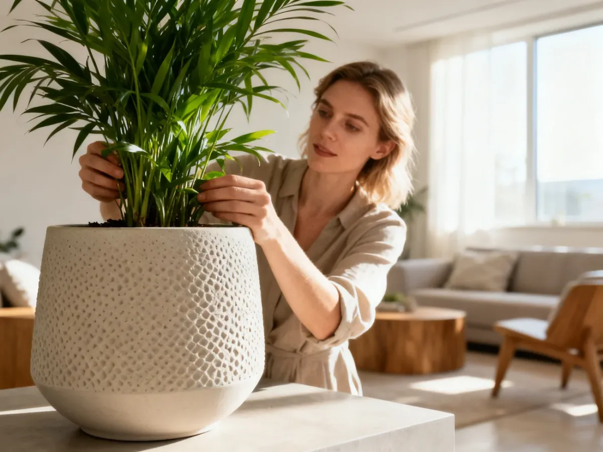 Stylowa kobieta ustawia nowoczesną ceramiczną donicę z rośliną w jasnym, minimalistycznym salonie.