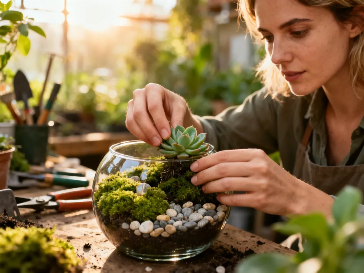 Kobieta starannie umieszcza sukulent w szklanym terrarium, tworząc własną kompozycję roślinną.