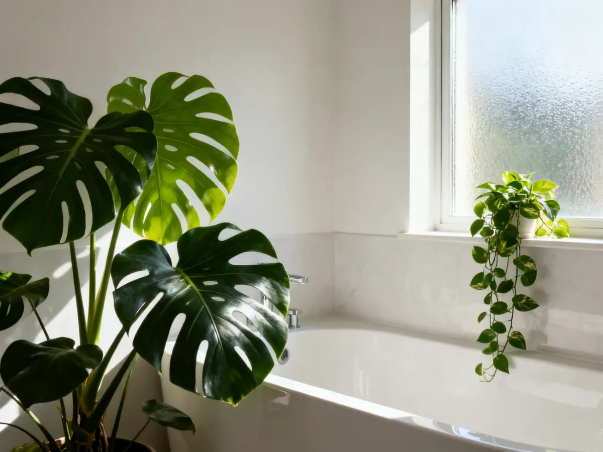 Monstera i epipremnum przy białej wannie w jasnej, nowoczesnej łazience w stylu spa.