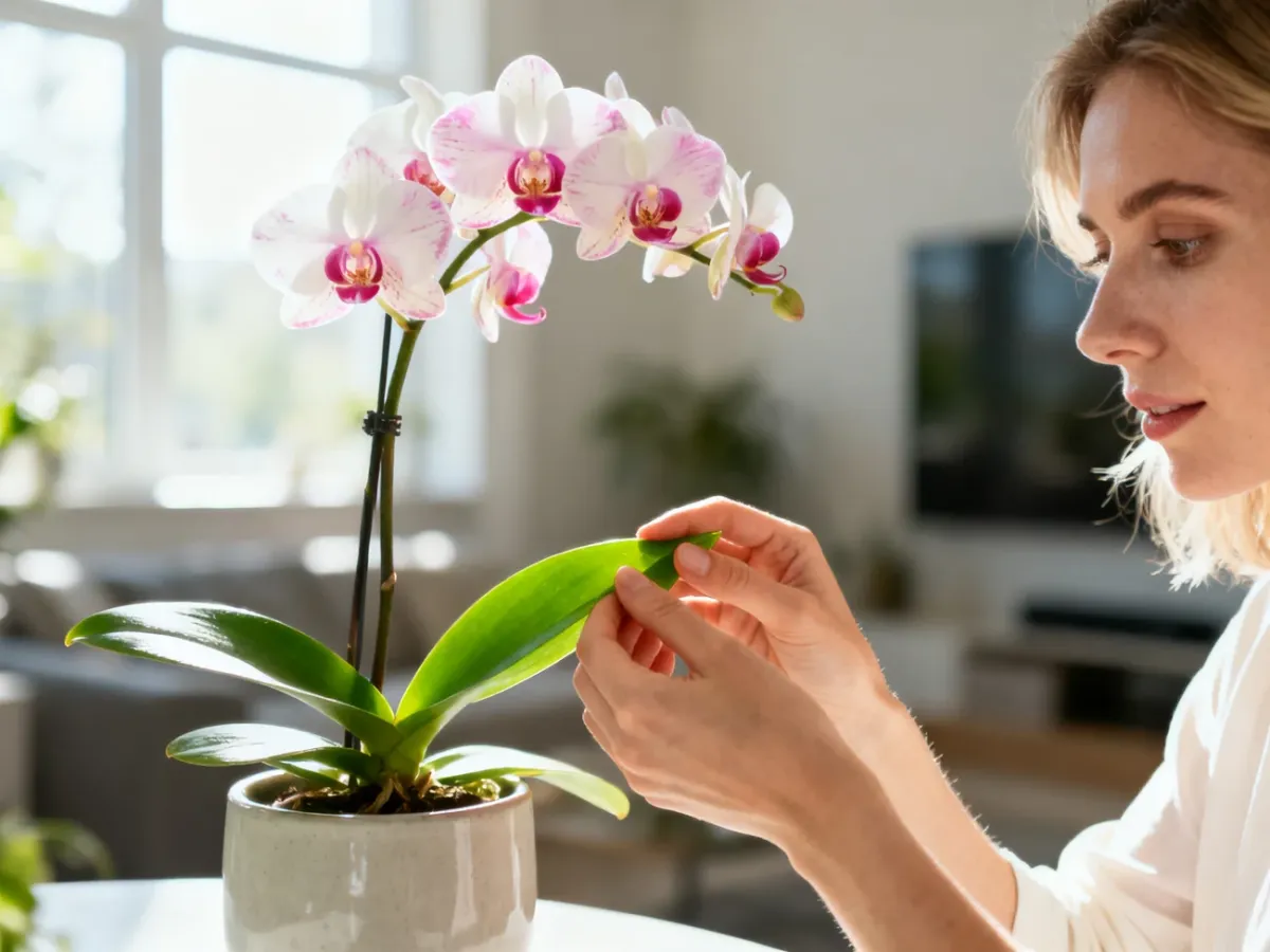 Kobieta delikatnie pielęgnuje liście kwitnącego storczyka Phalaenopsis w jasnym, nowoczesnym wnętrzu.
