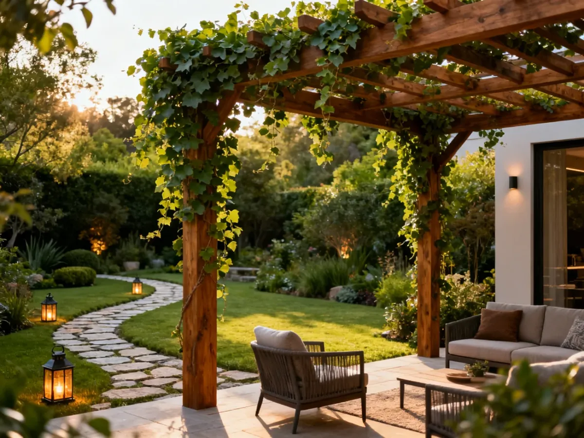 Nowoczesna drewniana pergola z meblami wypoczynkowymi w zadbanym ogrodzie, stanowiąca inspirację dla małej architektury.