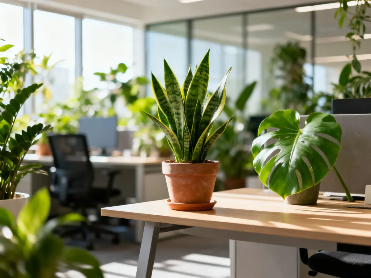 Nowoczesne biuro wypełnione roślinami doniczkowymi, takimi jak sansewieria i monstera, poprawiającymi jakość powietrza.